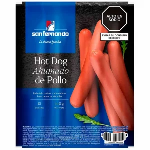 HOT DOG AHUMADO DE POLLO "SAN FERNANDO" 440g X10 UNIDADES